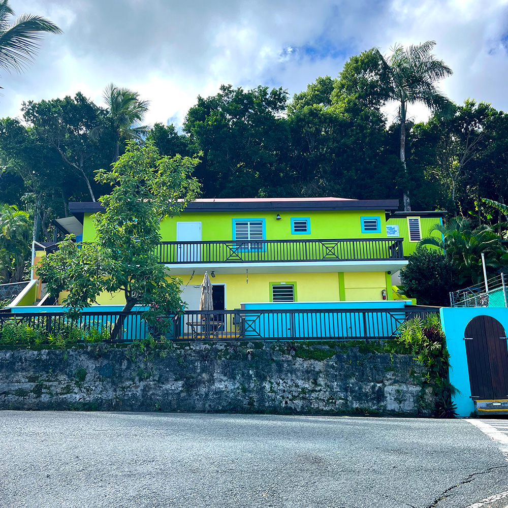 Outside physical building of Tree Limin Extreme. Bright green, yellow, blue building.