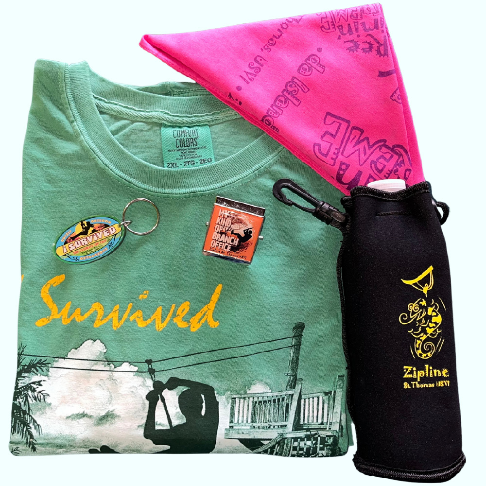 Zipline souvenir package includes T-shirt, bandana, water bottle and koozie, and magnet/keychain. Ziplining adventure pack.