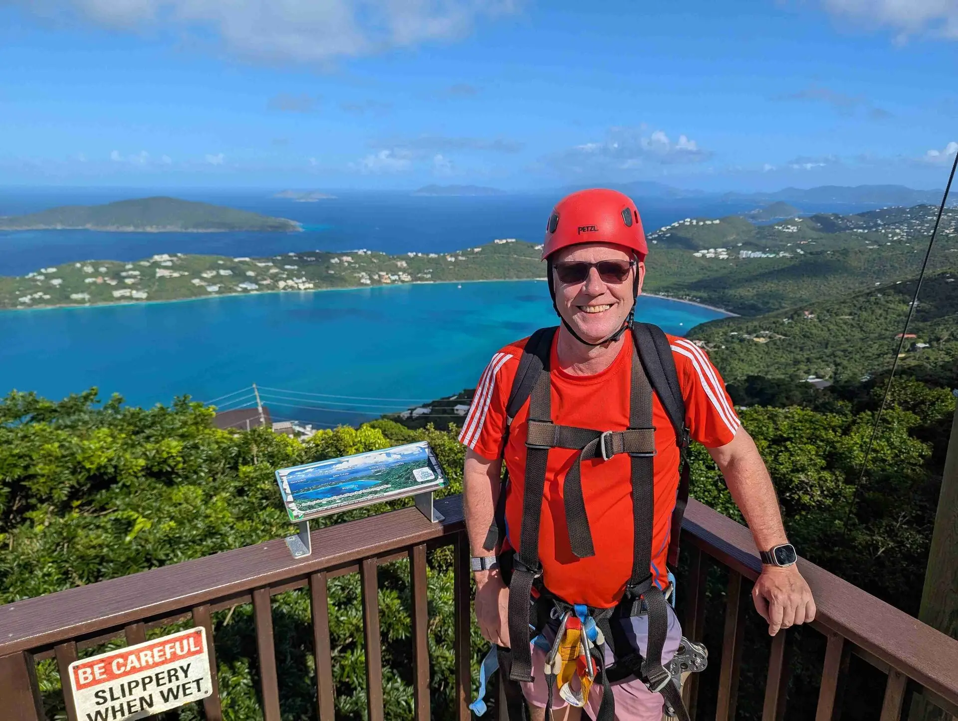 Man smiling with expansive U.S. Virgin Islands views. Magens Bay Views.