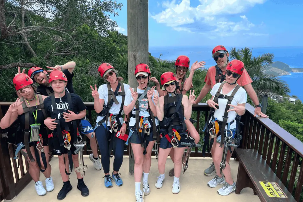 Group of people ziplining in St. Thomas at Tree Limin' Extreme